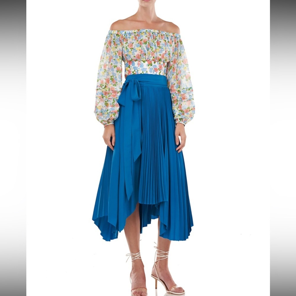 AMUR Delia Blue Pleated Wrap Midi Skirt Tie Waist Flowy Sustainable XS